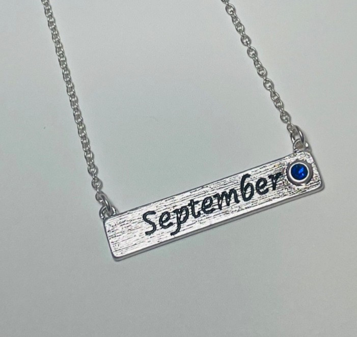 Personalized September Birthstone Necklace Bar Pendant Dainty Silver Plated