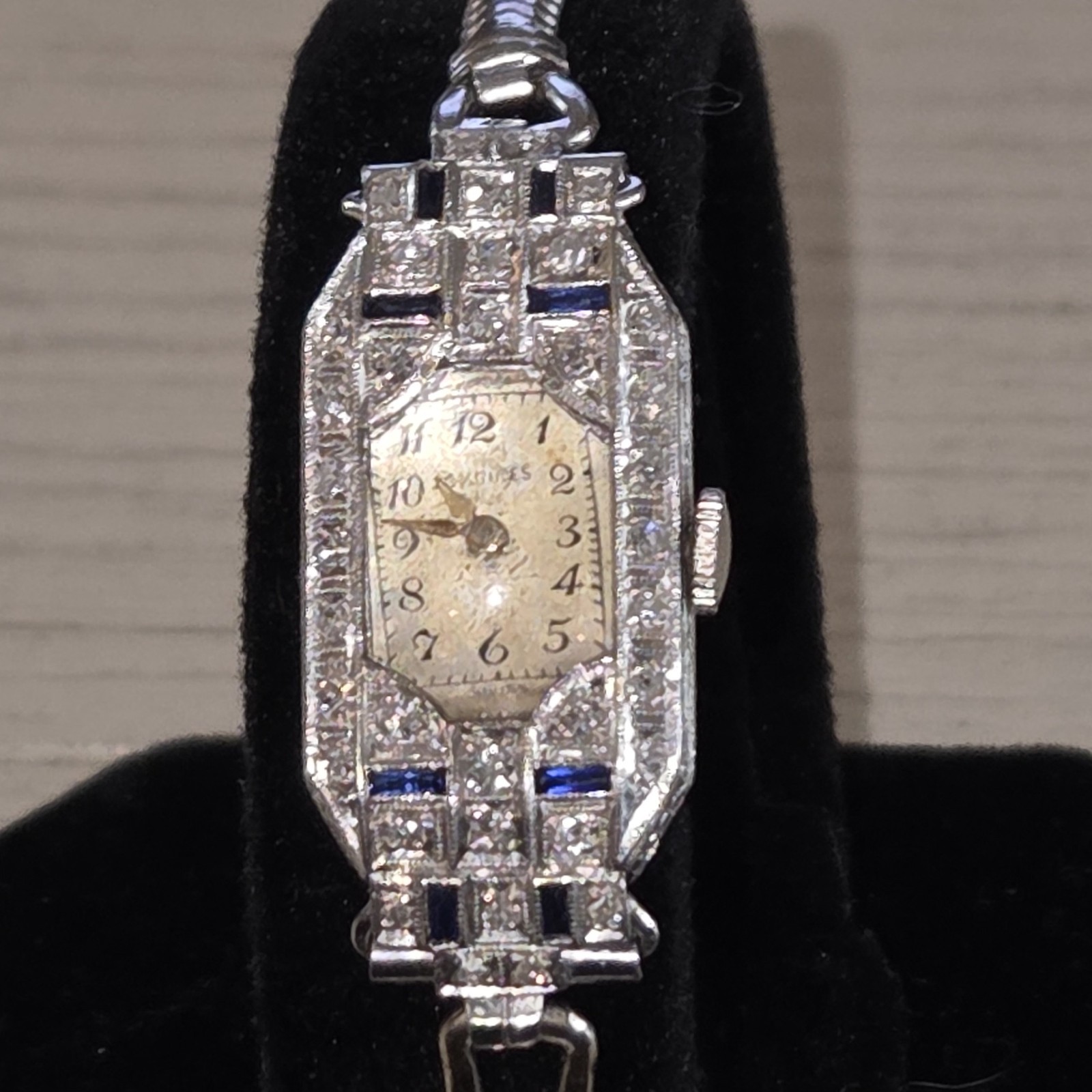 vintage art deco watch women. Tiny diamonds andsmall bars of sapphire.