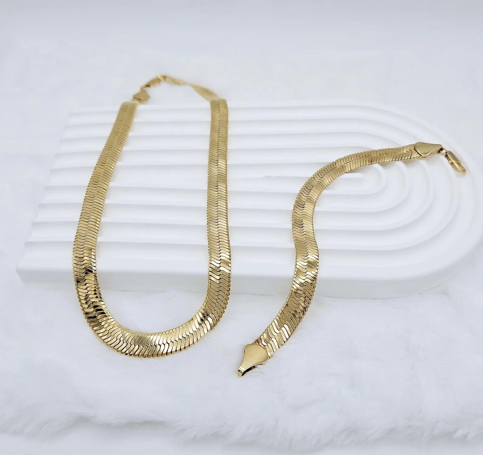 Gold 9mm Herringbone Necklace & Bracelet Set, 14k Heavy Plated