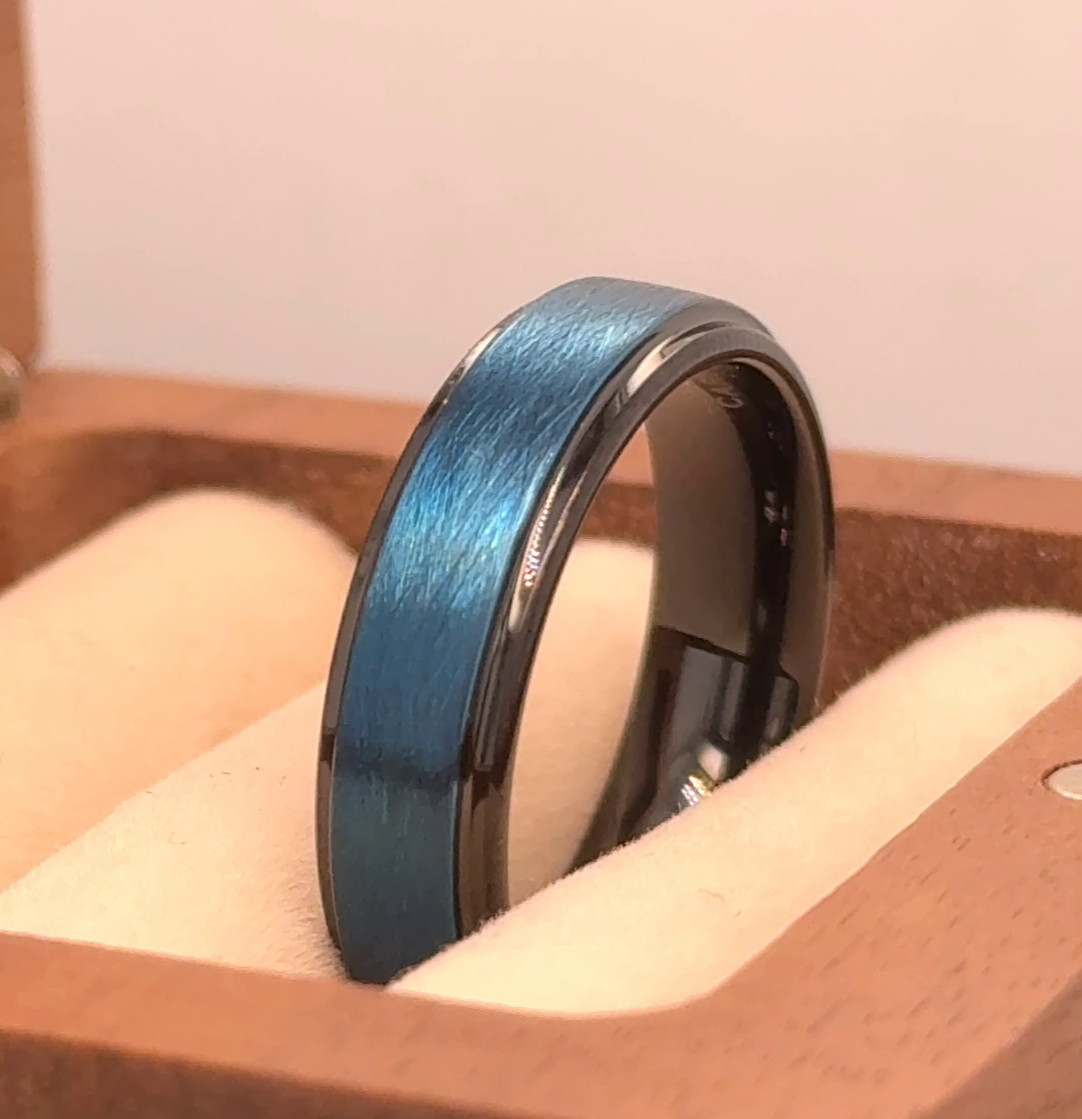 Wire Satin Brushed Finished Center Black Tungsten Wedding Rings Blue Ion-Plated