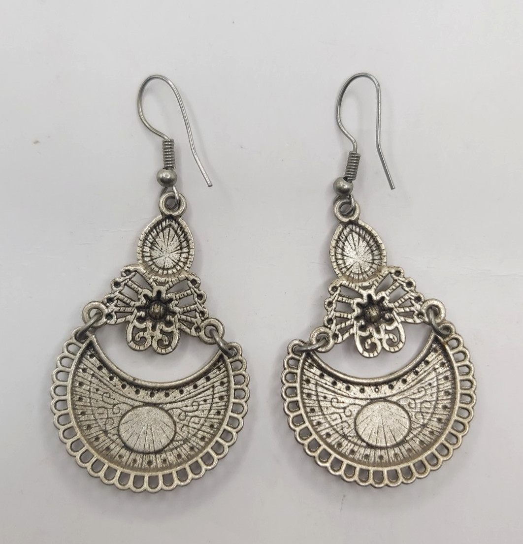 Vintage Berber Boho Silver Color Chandbali Crescent Dangle Earrings Red Rhinesto