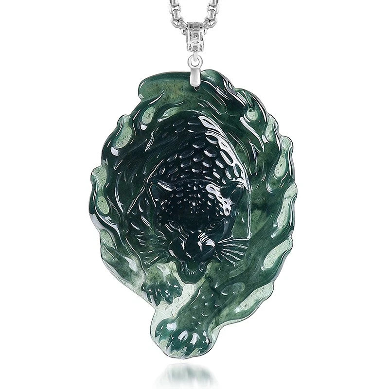 1PC Real Grade A Natural Blue Jade Jadeite Men Carved Leopard Pendant Necklace