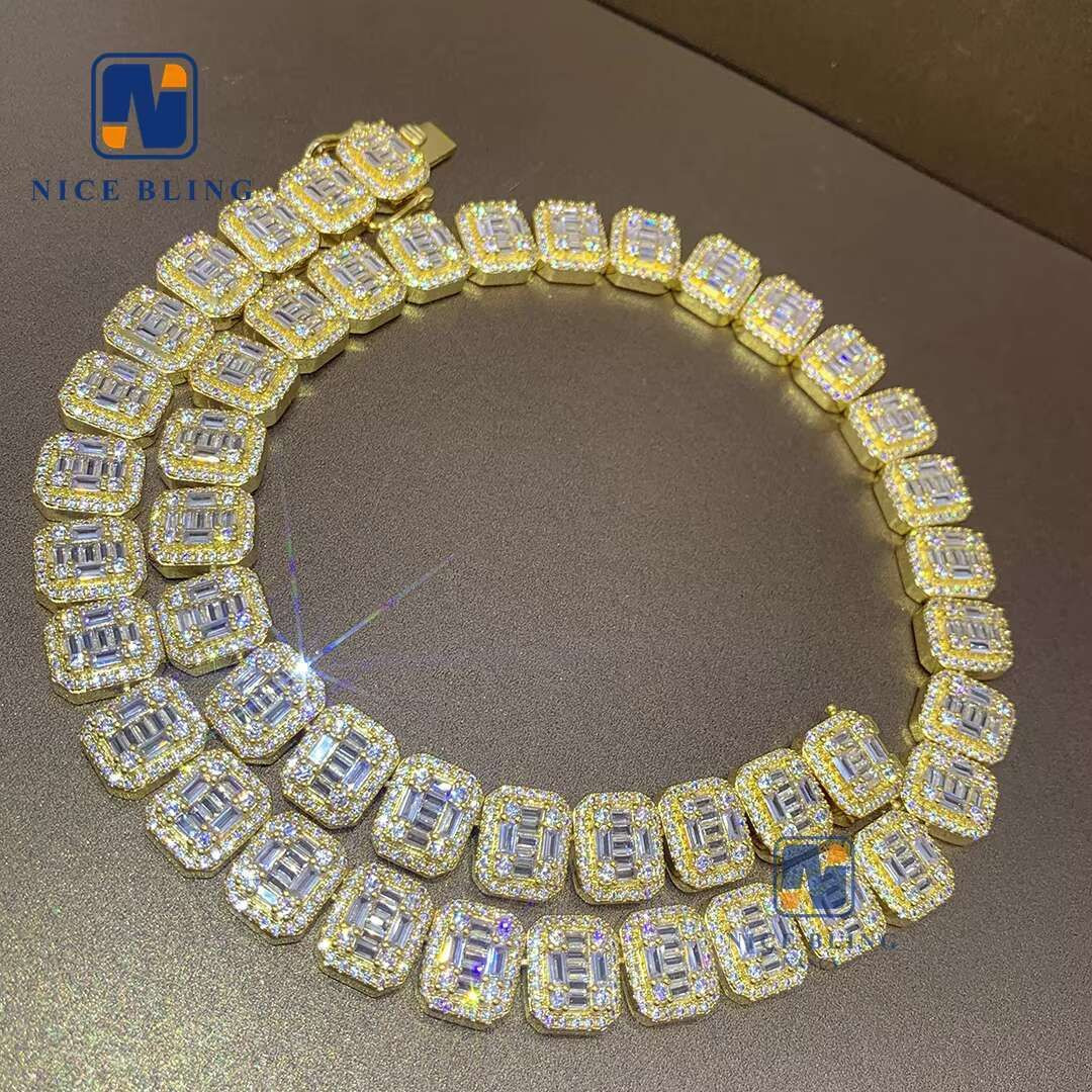 Full Moissanite Diamonds 925 Sterling Silver Cuban Link Necklace VVS Baguette Mo
