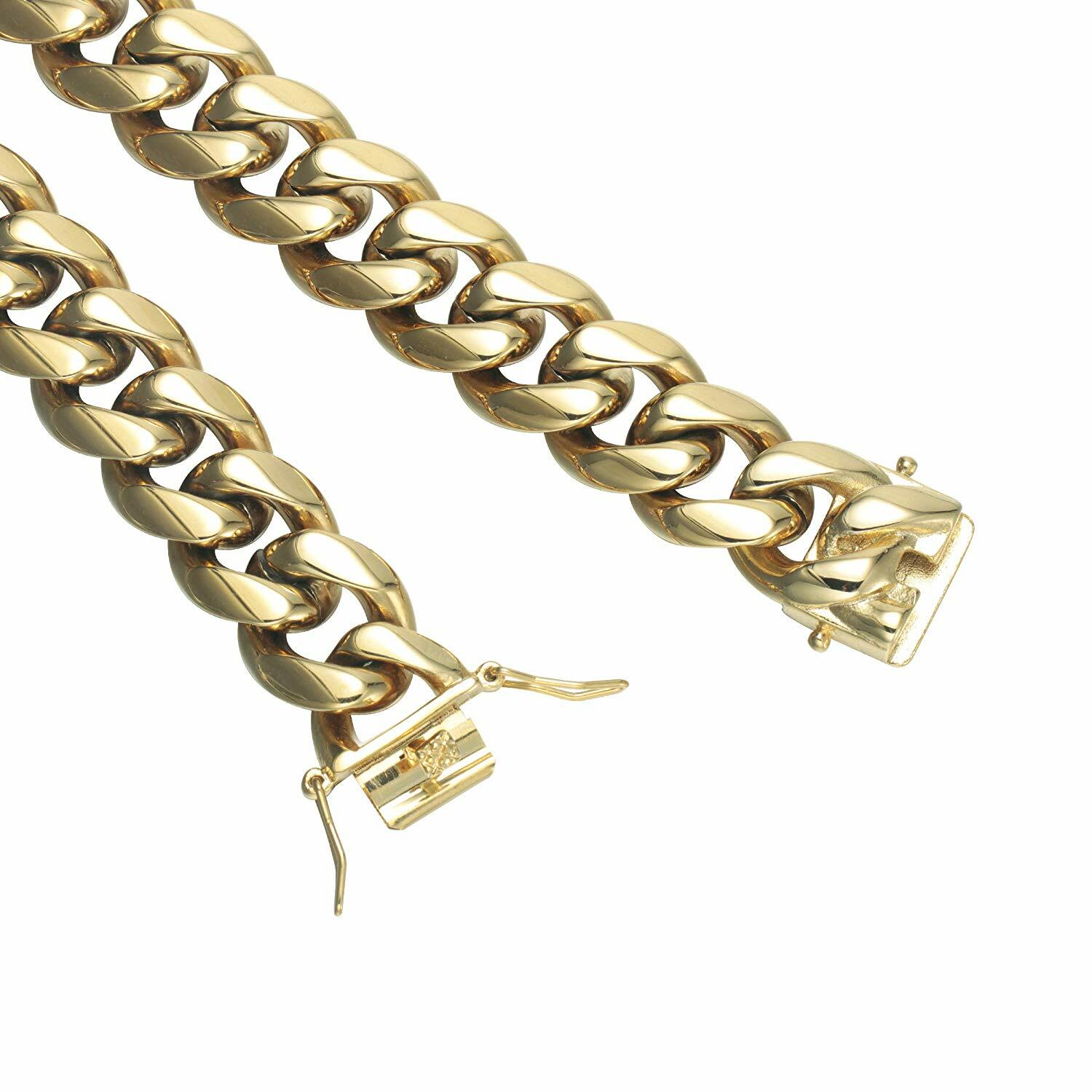 Men’s Miami Cuban Link Chain Bracelet Solid 14K Gold Plated Stainless Steel
