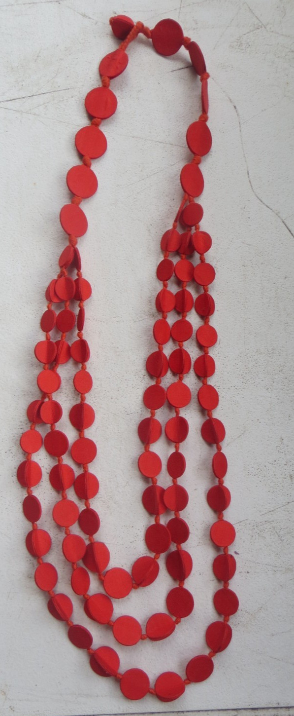 Red Silk Bead Three-Strand Necklace – Very Light! 28″