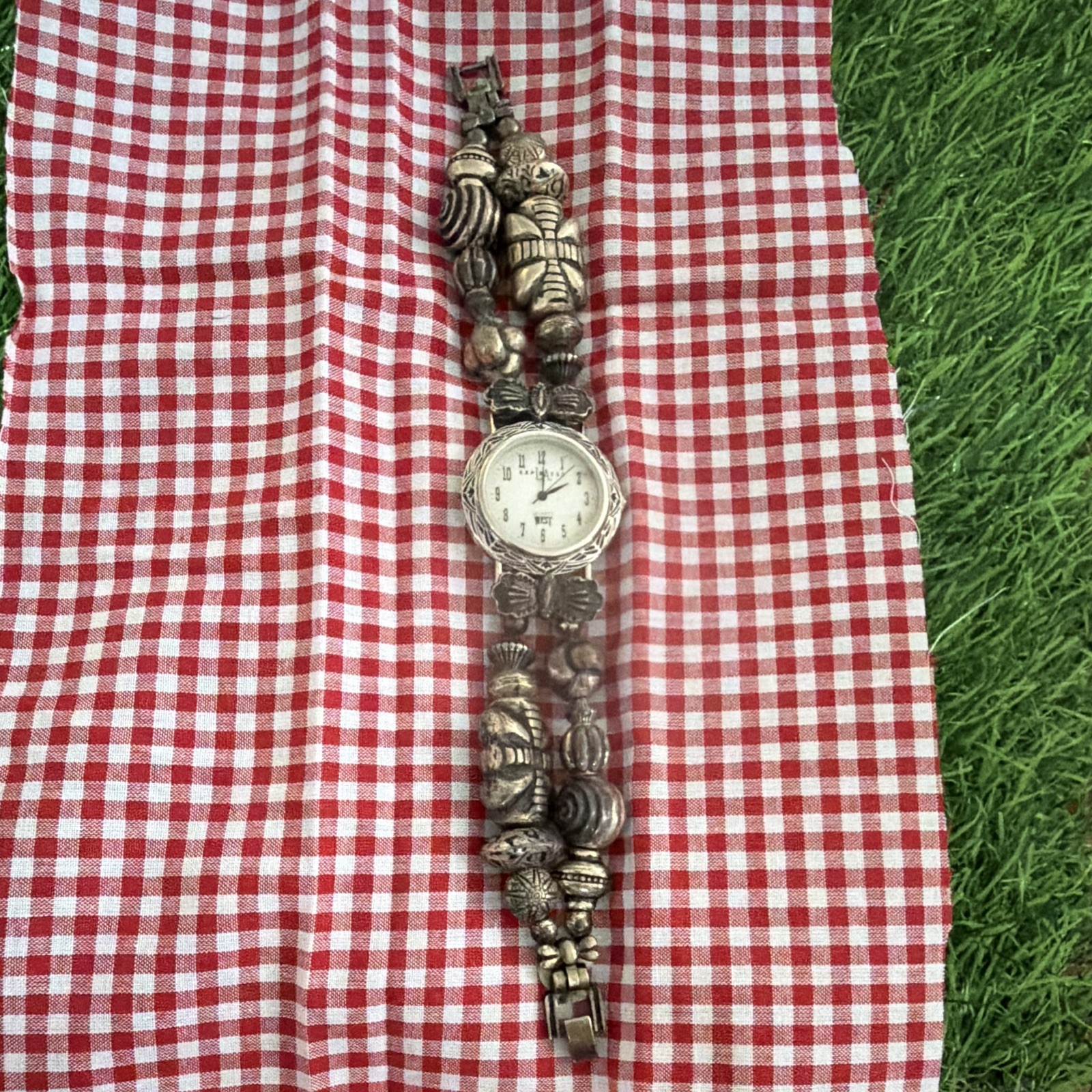 Express West Quartz Analog Watch Silver-Tone Beaded Bracelet White Dial