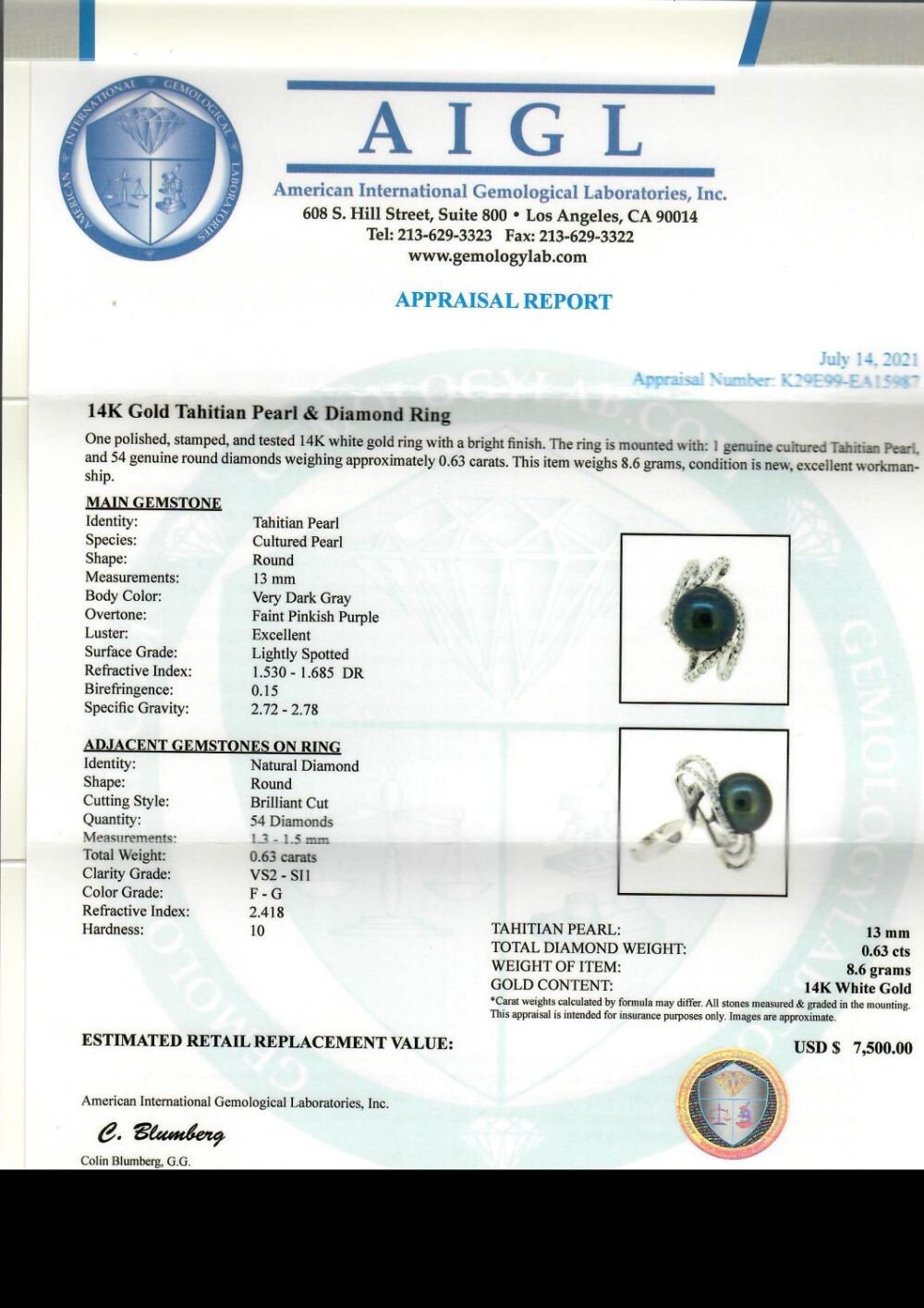 Guaranteed Authentic-Appraisal Inc:14k 13mm Tahitian Pearl .63 Ct Diamond Ring