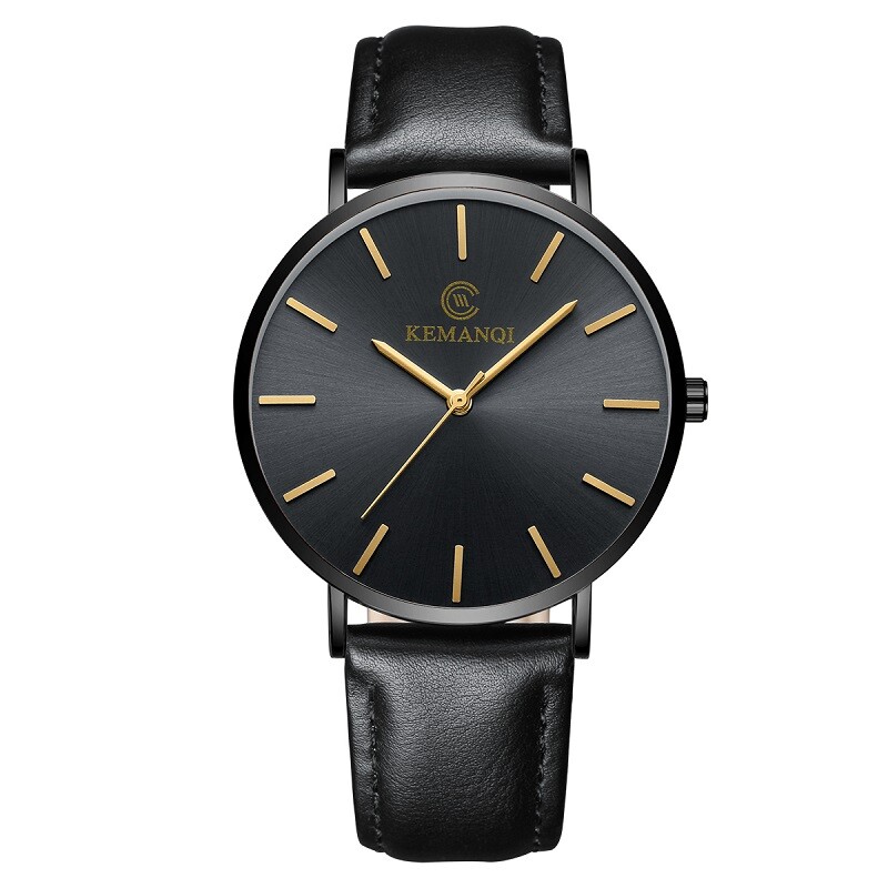 Men Trendy Ultra Thin Minimalist Watch Slim Leather Strap Stainless Steel Quartz