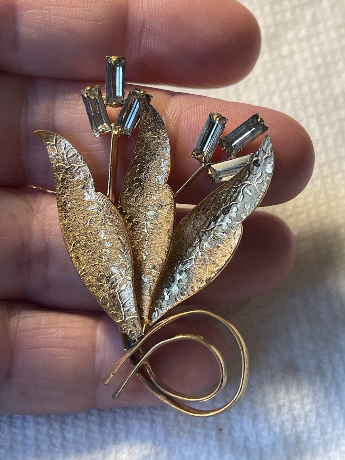 Vintage Czech Czechoslovakia Baguette Rhinestone Floral Pin Brooch Signed