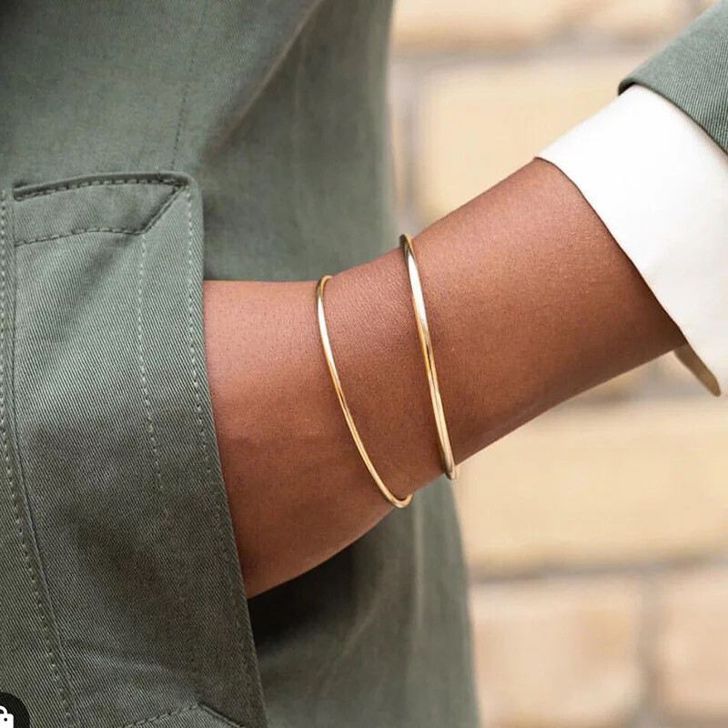 Woman 18K Gold Plated Stainless Steel 2/2.4mm Thin Solid Bracelet Bangle Cuff
