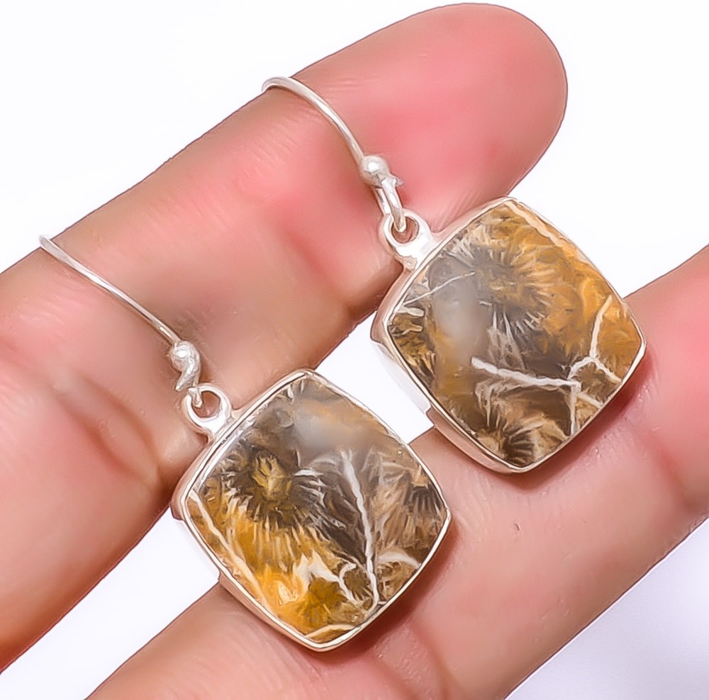 Fossil Coral – Morocco Gemstone 925 Sterling Silver Handmade Earring 1.37″ A381