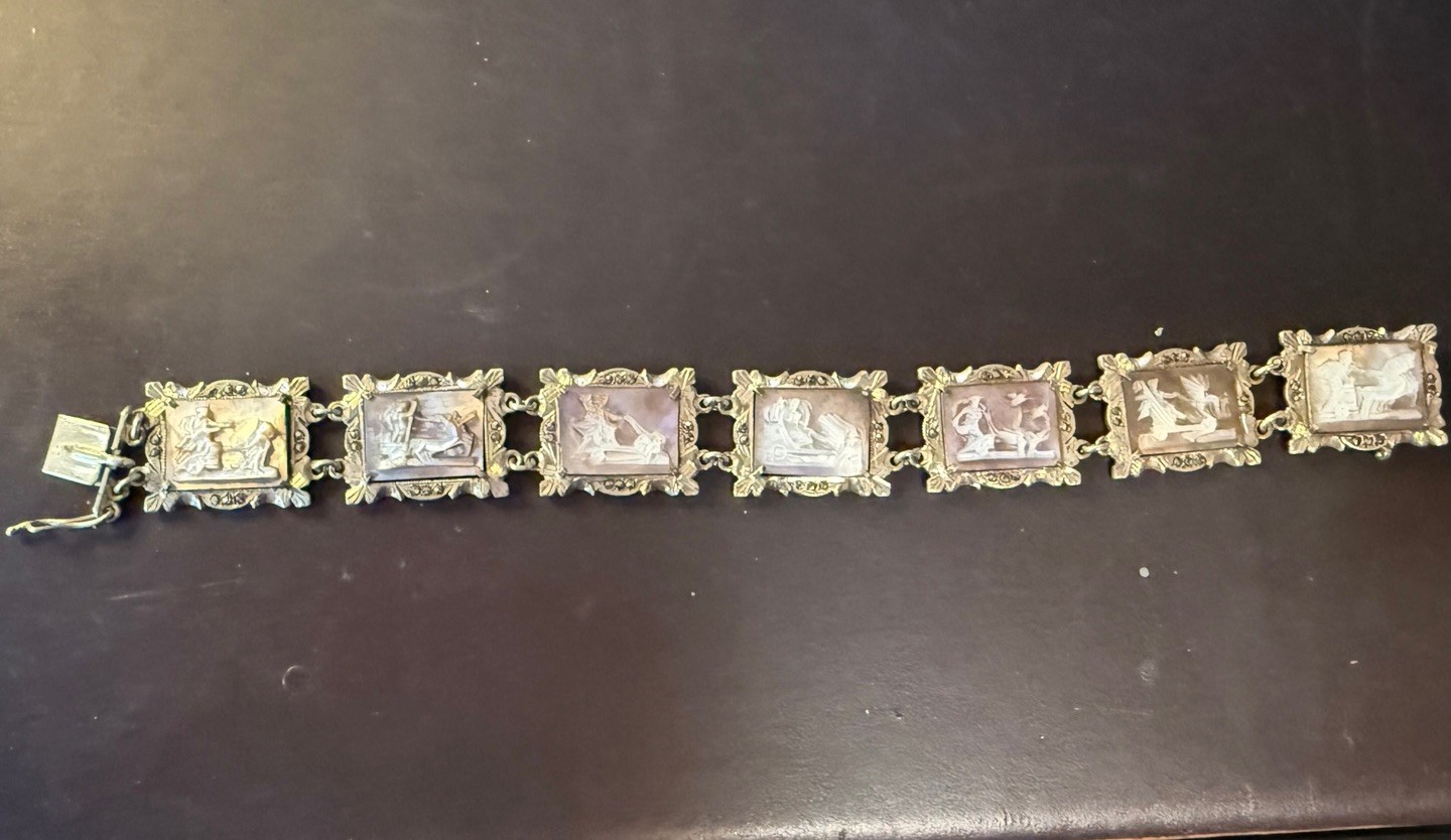 Vtg 30s 800 Silver Italy hand-Carved Cameo Bracelet 7 Greek Gods Days Week