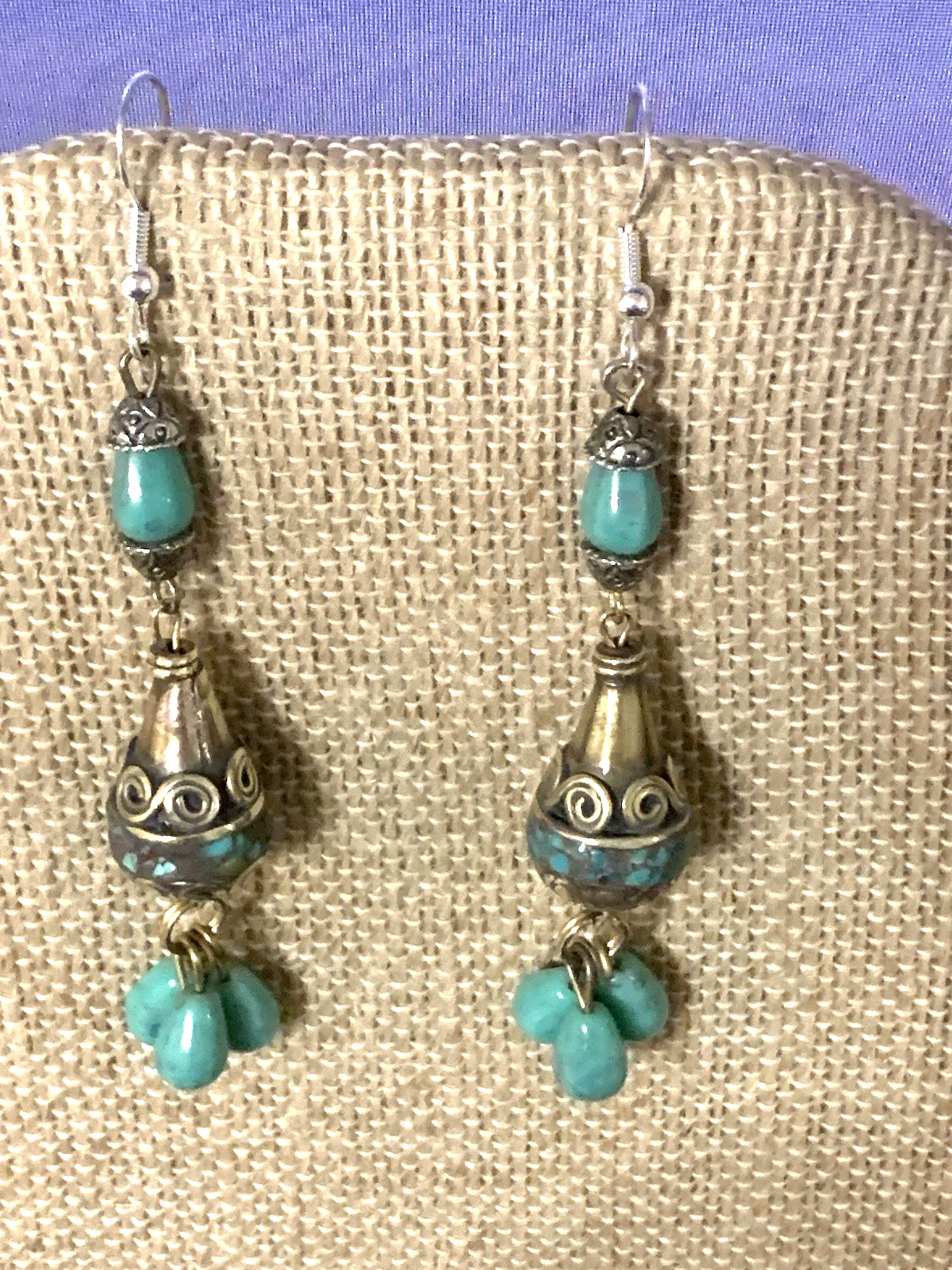 NEW ITEM* HANDCRAFTED NEPAL BEAD &TURQUOISE EARRINGS*-.925 STERLING EAR WIRE-NEW