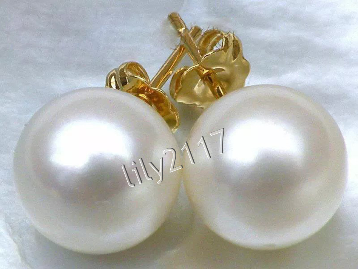 11-12MM PERFECT AAA NATURAL REAL WHITE ROUND PEARL STUD EARRINGS 14K YELLOW GOLD