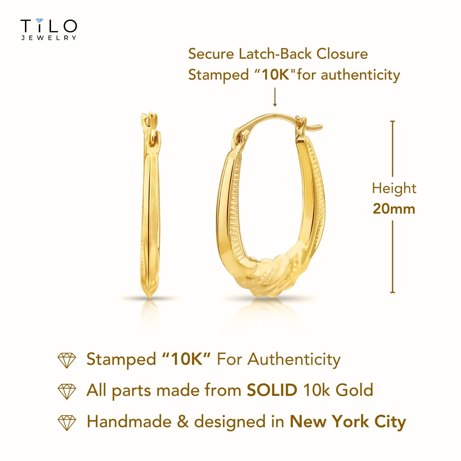10K Real Solid Yellow Gold Puffy Twisted Oval Creole Midi Hoops Earrings