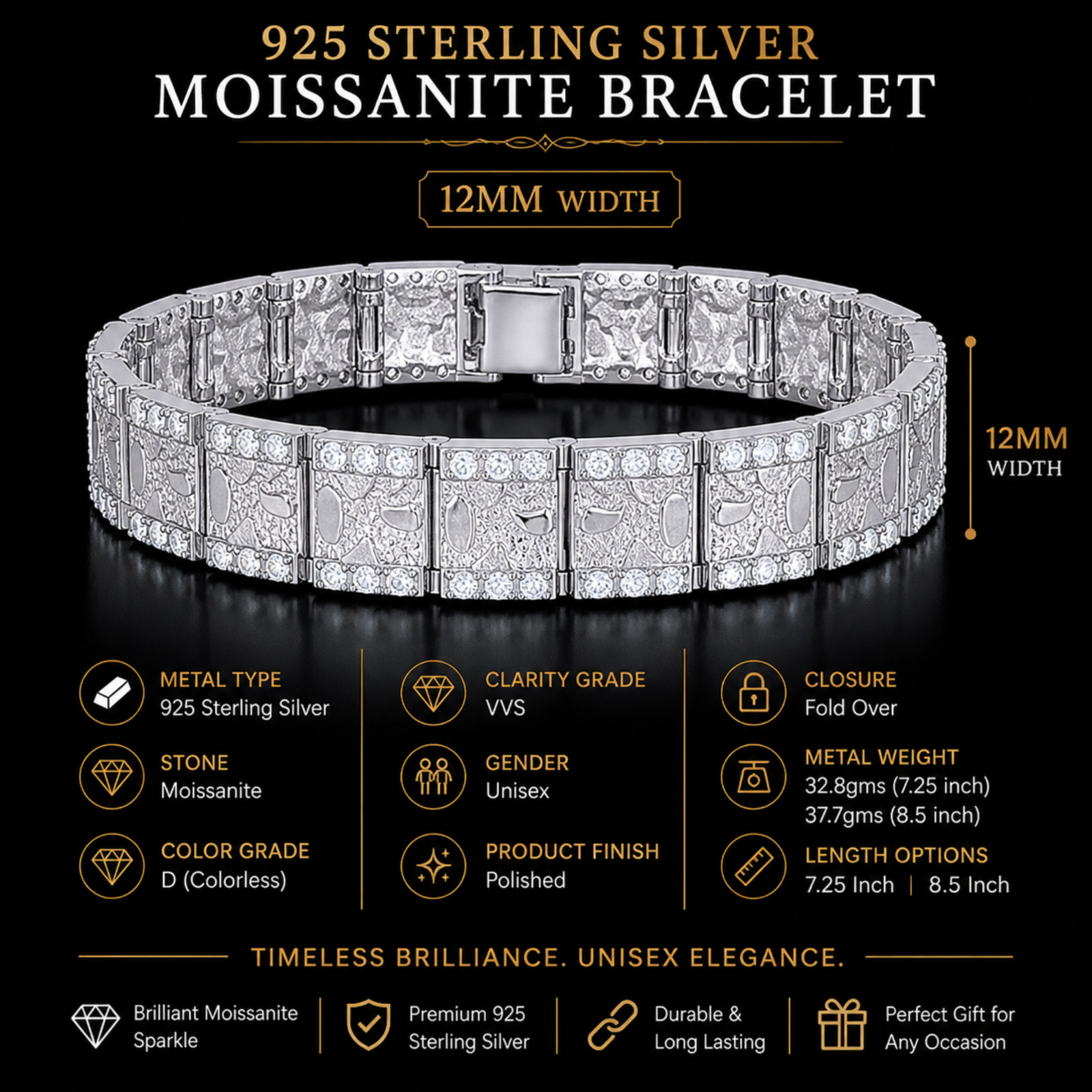 Iced Out Moissanite Bracelet 925 Silver Nugget Hip Hop Chunky Unisex