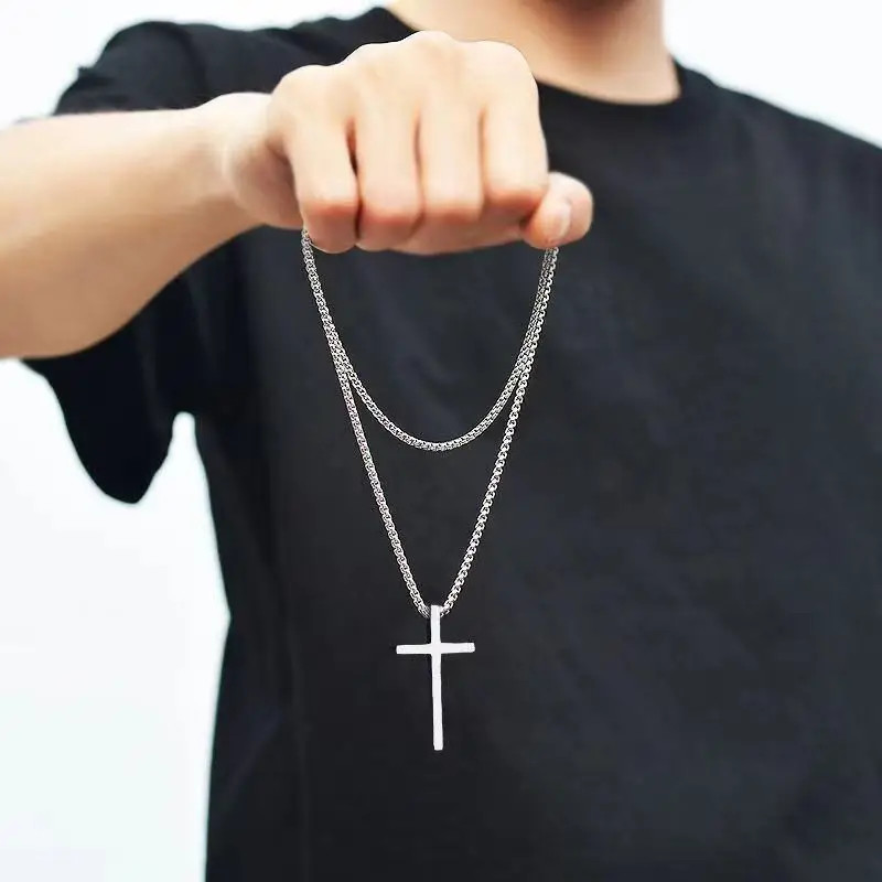 Hip Hop Trend Cross Pendant Necklace for Men Simple Punk Silver Color Titanium S