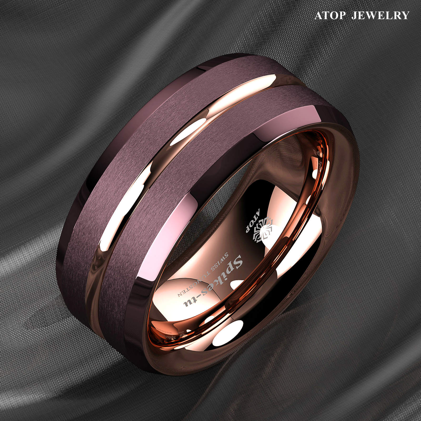 8/6mm Plated Metal Tungsten Mens Ring Rose Gold Groove Stripe ATOP Wedding Band