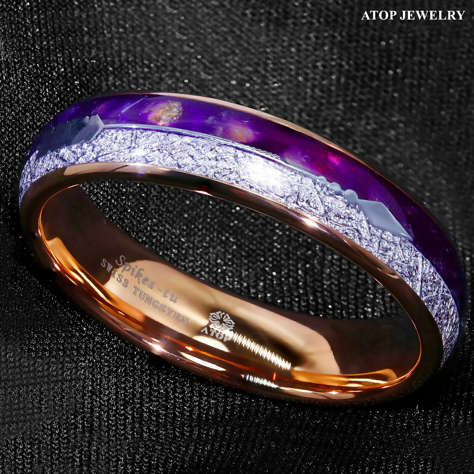 ATOP 8/6mm Purple Agate Meteorite Arrow Rose Gold Tungsten Ring Men