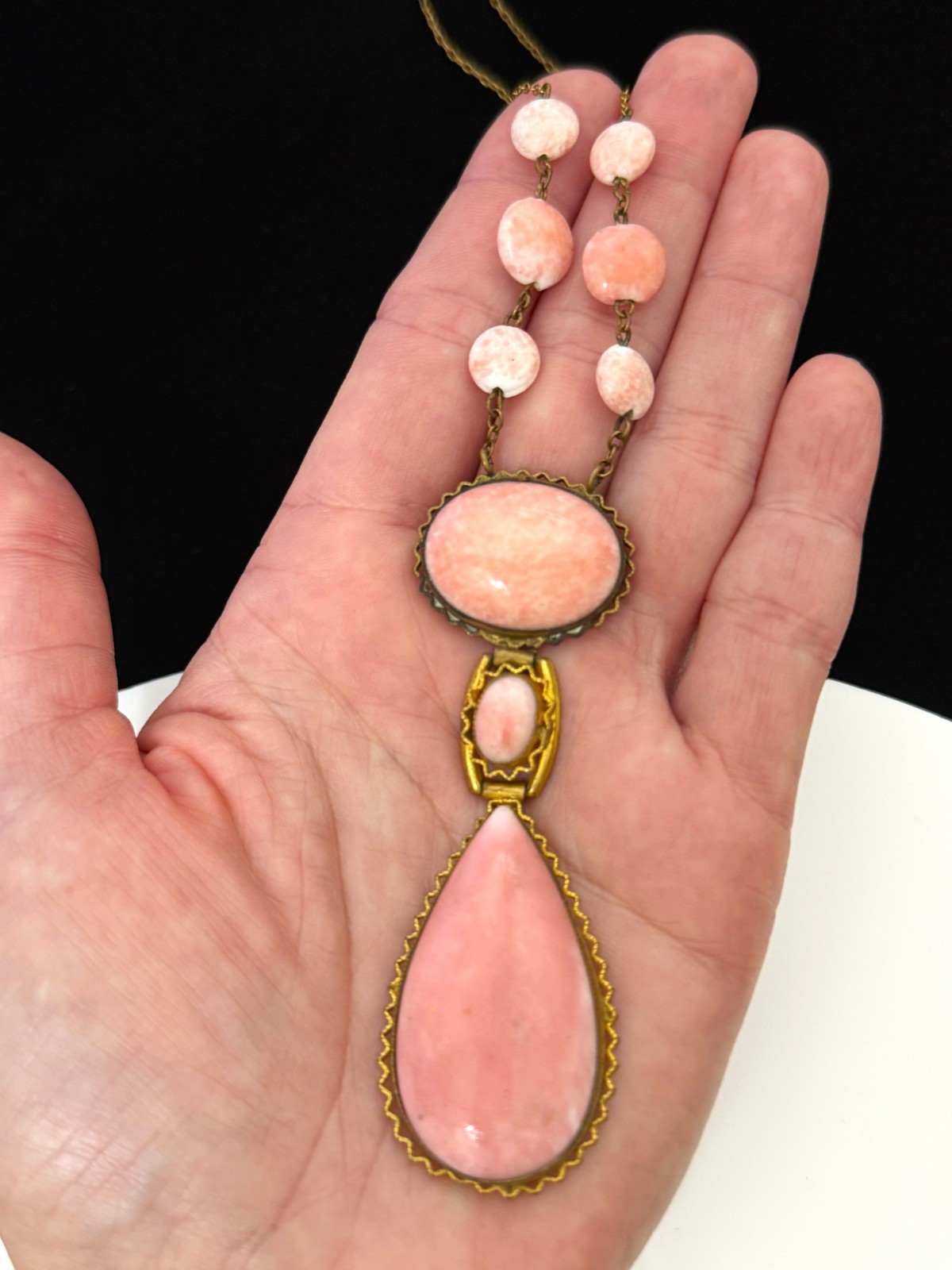 Antique Vintage 1930s Signed CZECH Art Deco Pink Peking Glass & Brass Necklace