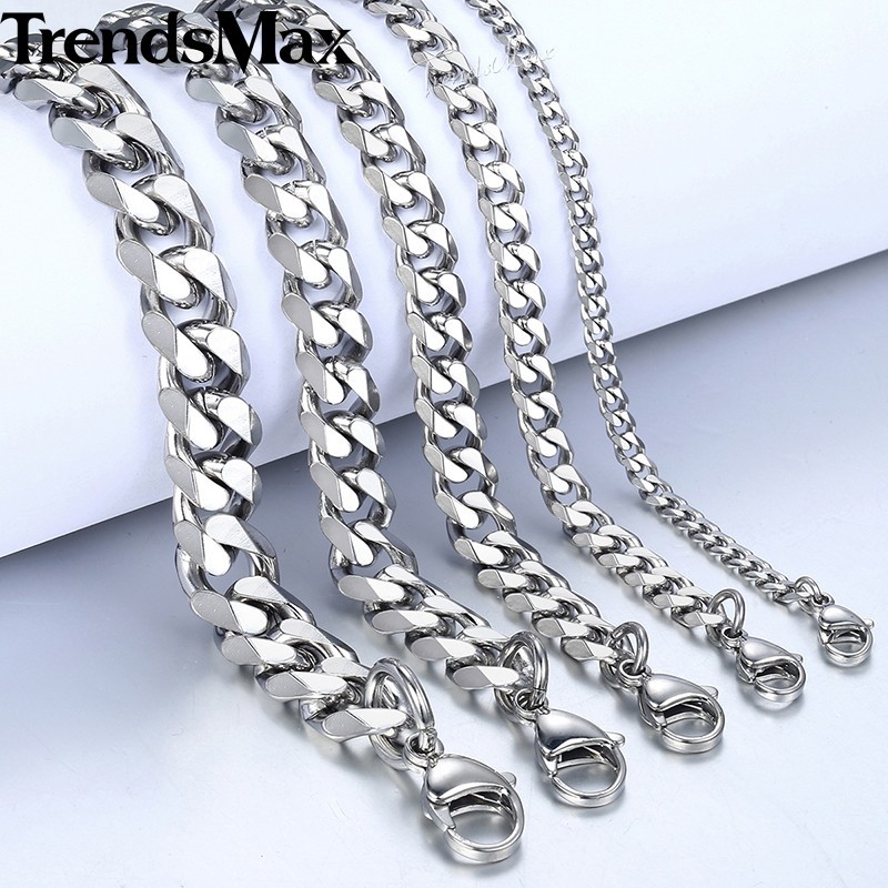 16-36″ Stainless Steel Silver Chain Cuban Curb Womens Mens Necklace 3/5/7/9/11mm
