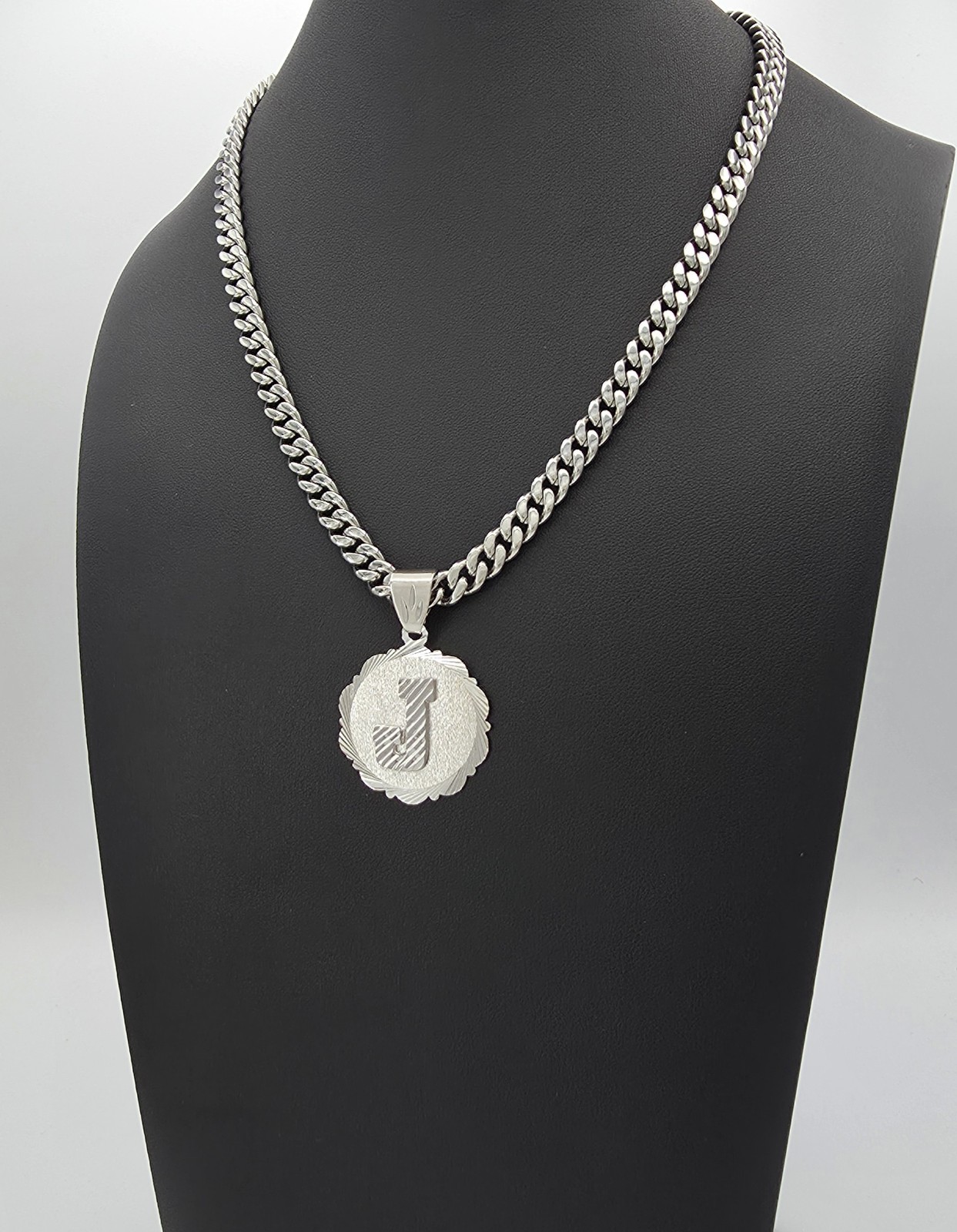 Silver Initial Necklace: 7mm Cuban Chain, 30mm Pendant, Lifetime Replacement