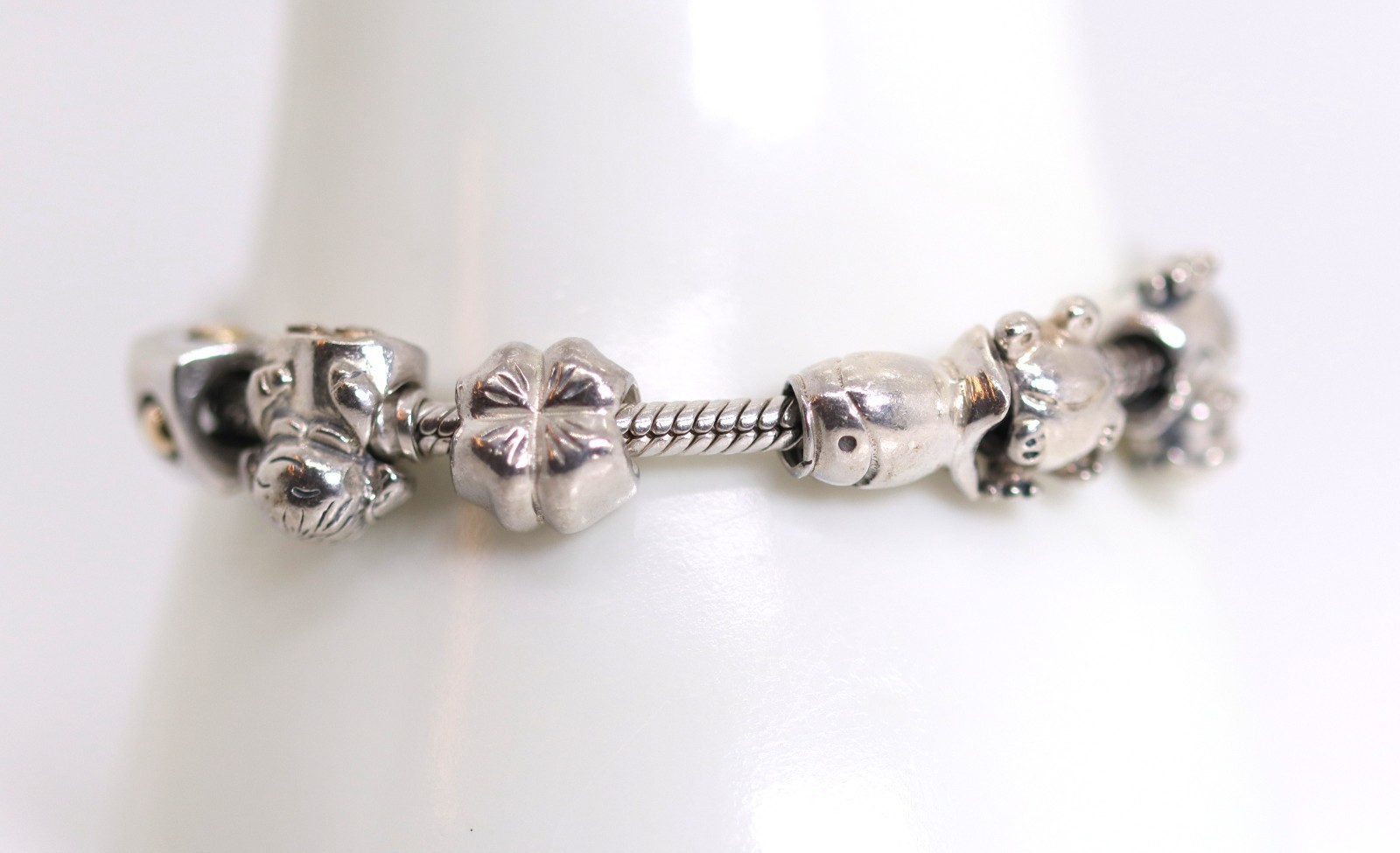 Pandora Sterling Silver Bracelet 925 + 6 Charms Shamrock Chick Fish Heart Frog
