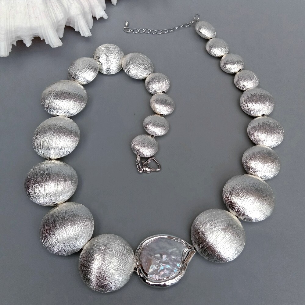 Freshwater White Coin Pearl Silver Color Brushed Coin Bead Graduated Necklace