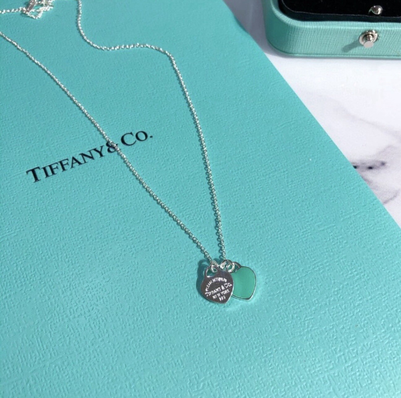Tiffany Blue® Double Heart Tag Pendant Necklace ( 18” chain )