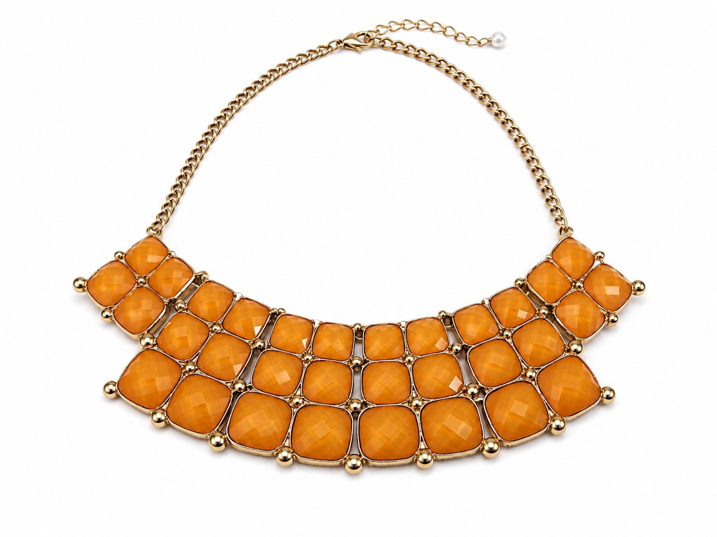 Vintage Gold Tone Orange Lucite Statement Bib Necklace Faceted Chunky Adjustable