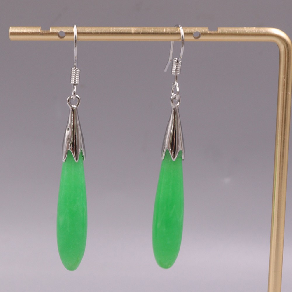 Gold Plated Alloy Heated Green Jade Long Charm Dangle Earrings 50mm H