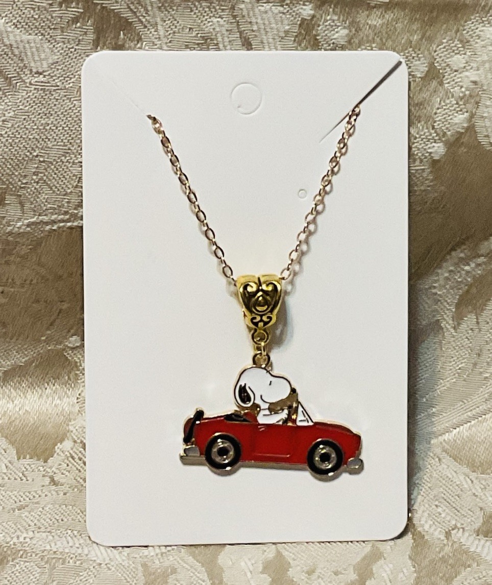 Snoopy Red Car Gold Enamel Charm Pendant Fashion Fun Boho Gold Necklace 18”