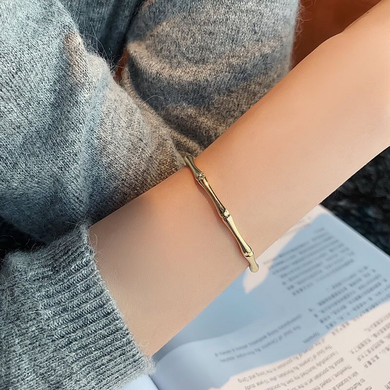 Woman 18K Gold Plated Fashion Solid Bamboo Shape Opening Bracelet Bangle Cuff