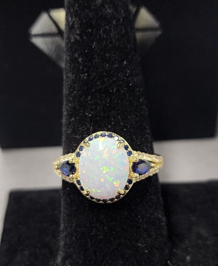 Fuzion Creations Gold Tone Lab Grown Opal, Lab Grown Sapphire Cocktail Ring sz 8
