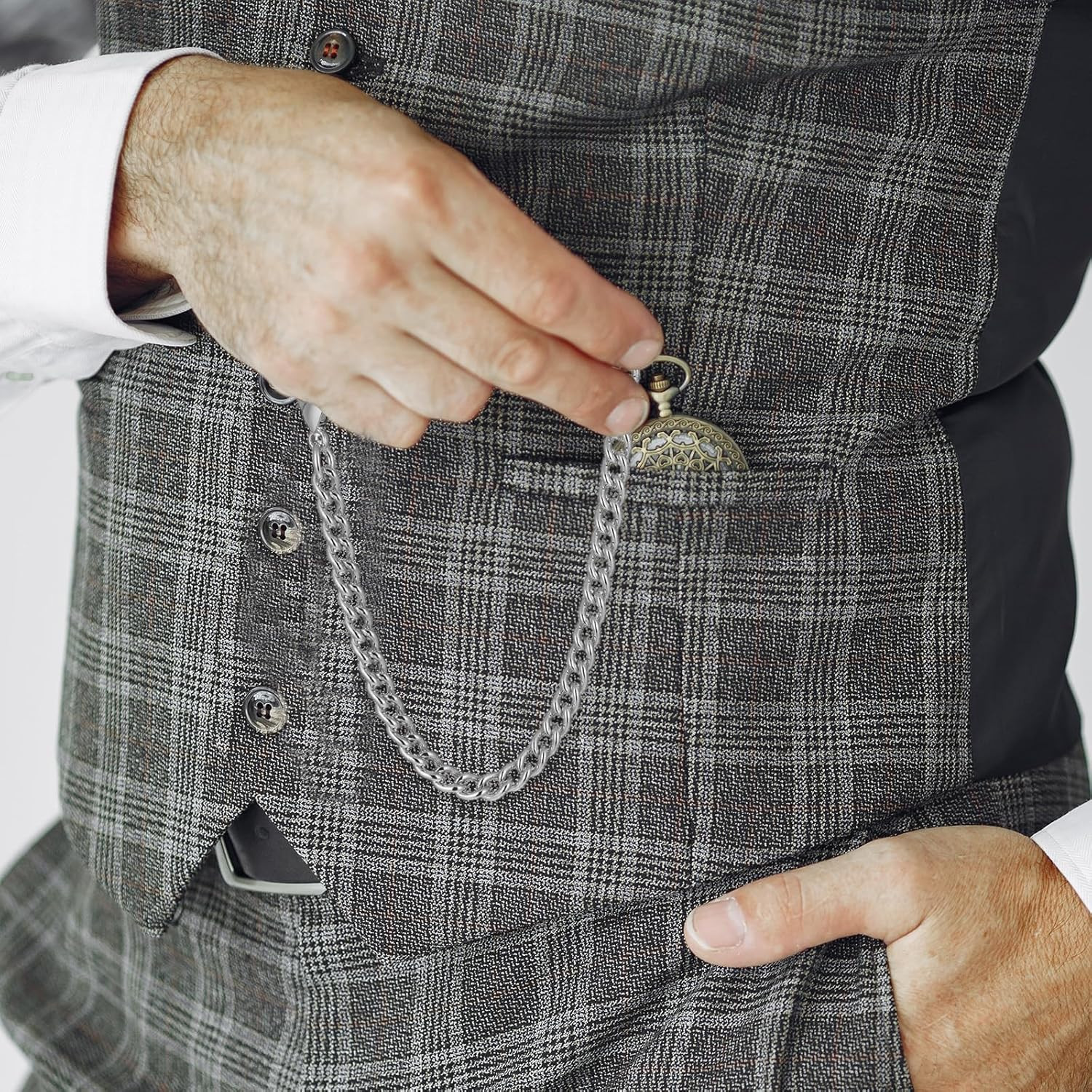 Silver Pocket Watch Chain with T-Bar, 14 Inch Pocket Watch Chains for Men, Silve