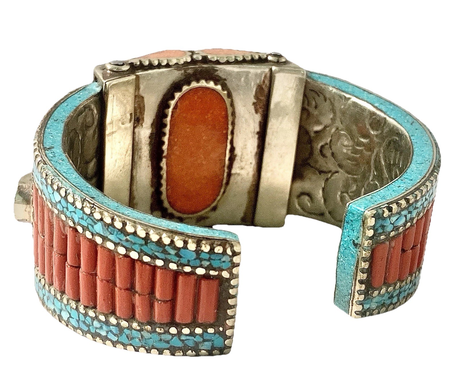 Moroccan Silver Tone Style Berber Mosaic Cuff Bracelet Coral Turquoise Enamel