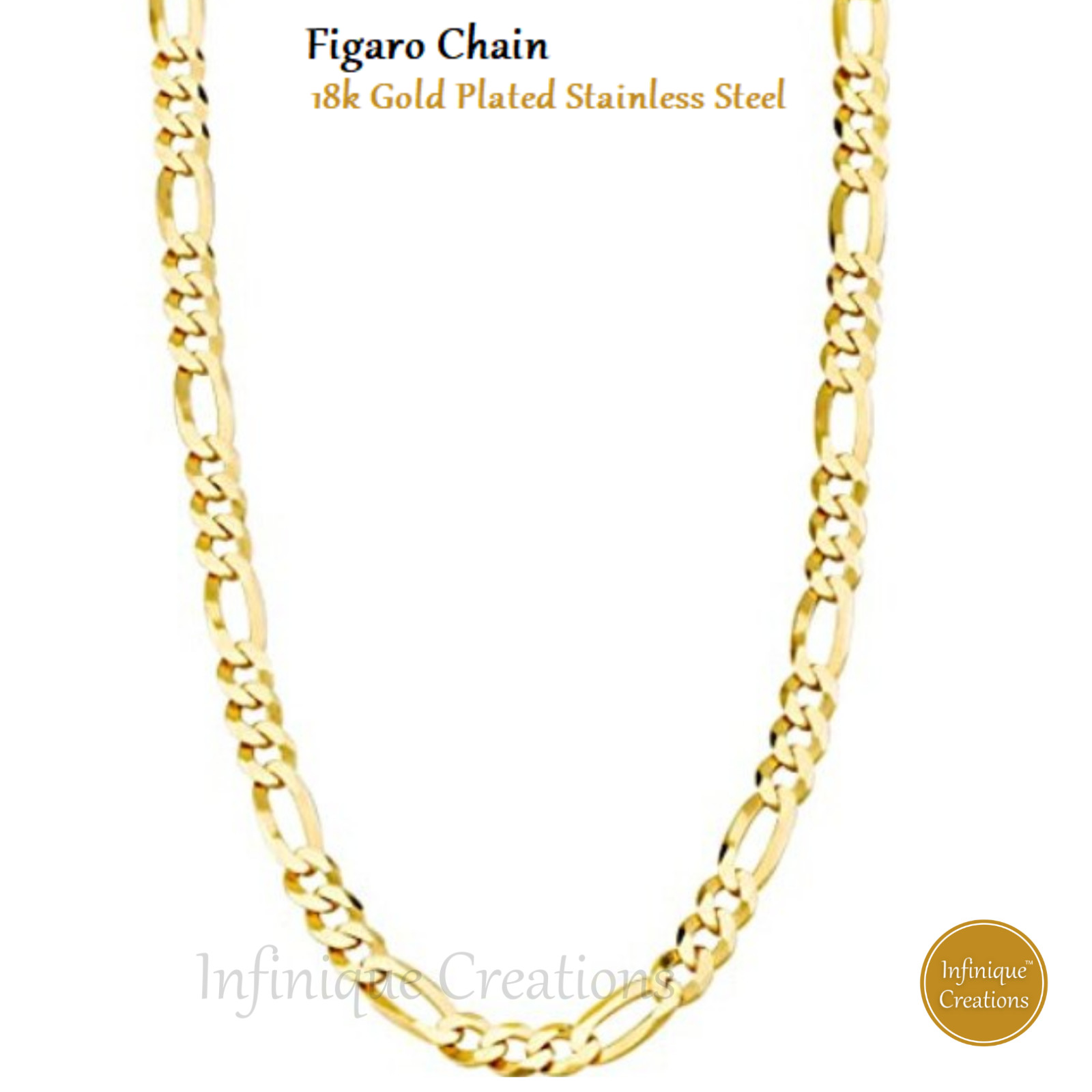 18K Gold Plated Stainless Steel Figaro Chain Bracelet Necklace 7-38″ 3-12mm