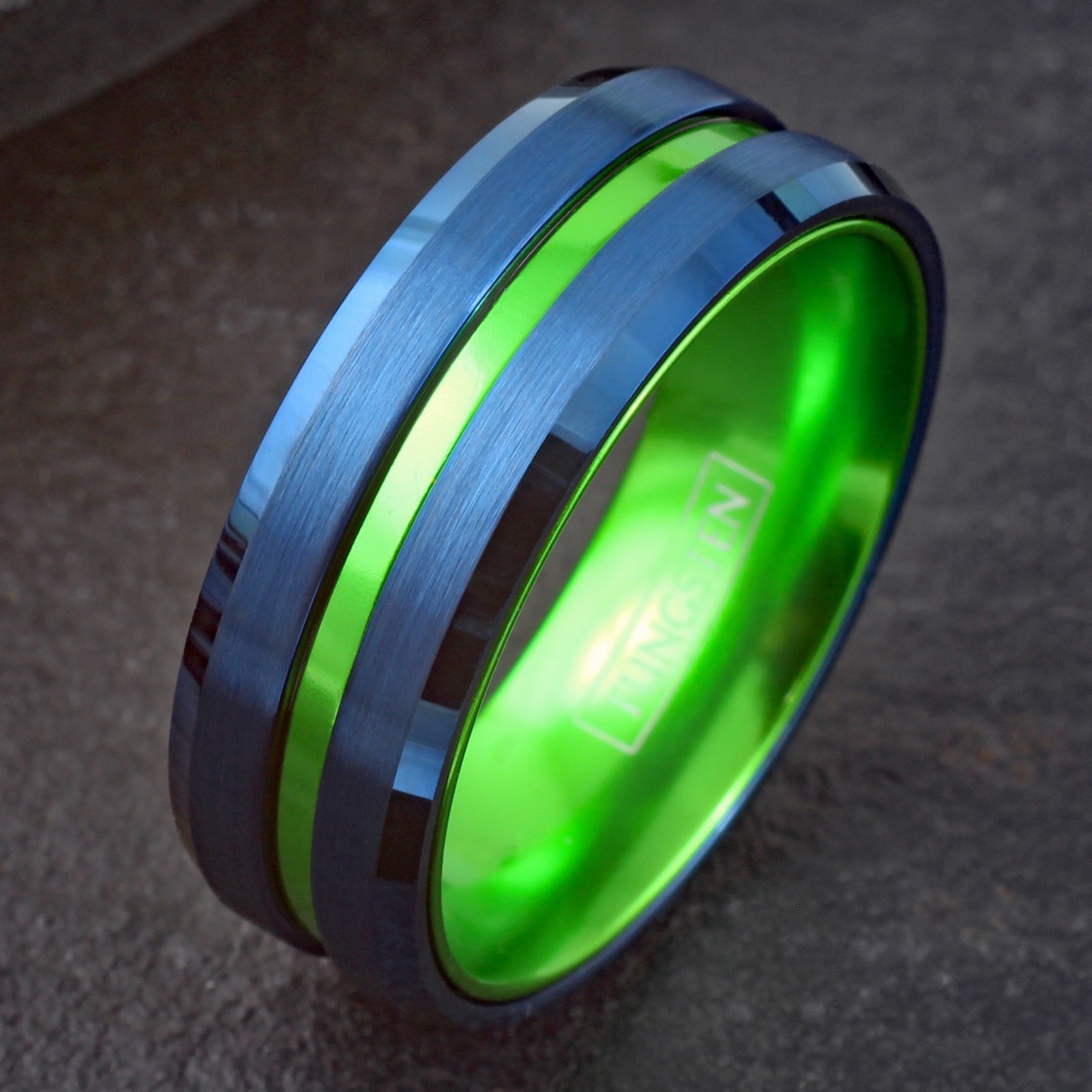 Custom Engraved Mens Blue Tungsten Carbide Green Stripe Band Ring-Seahawks Color