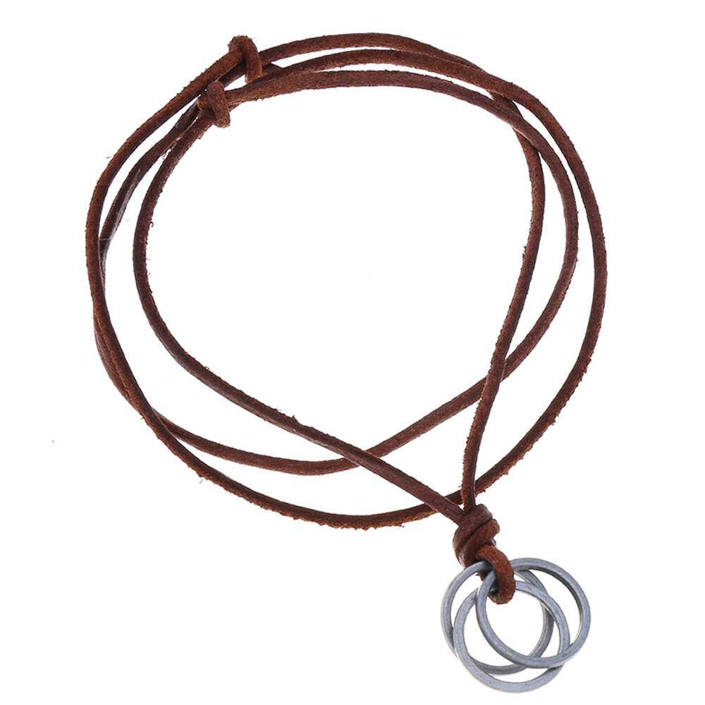 Mens Retro Metal Rings Pendant Genuine Leather Surfer Choker Long Necklace Brown