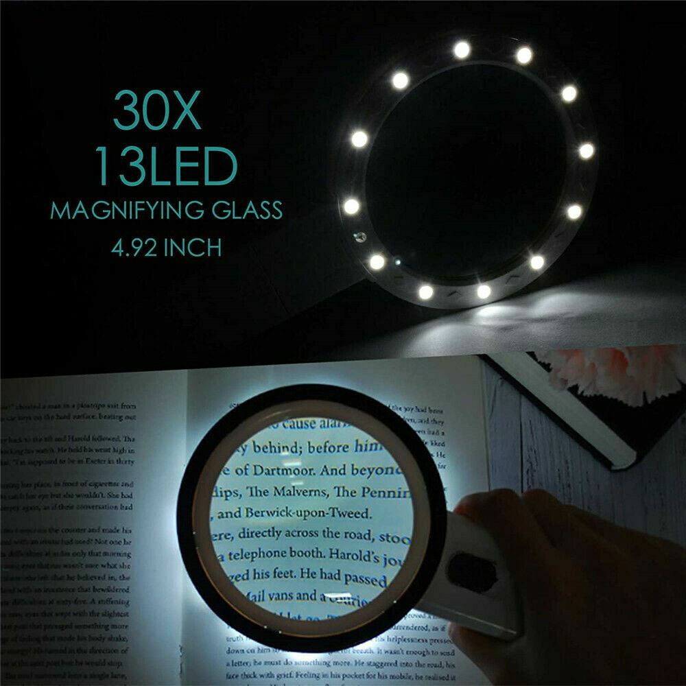 30X Jumbo Handheld Magnifying Glass w/ 13 Bright LED Light Illuminated Magnifier