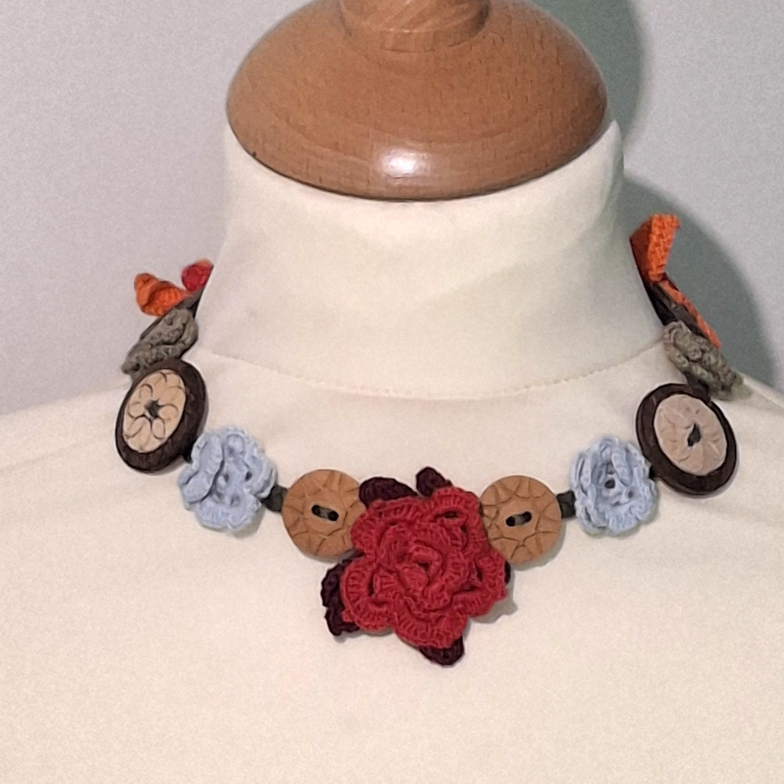 Handmade Crocheted Cotton Floral Choker Necklace Boho Festival Jewellery Red