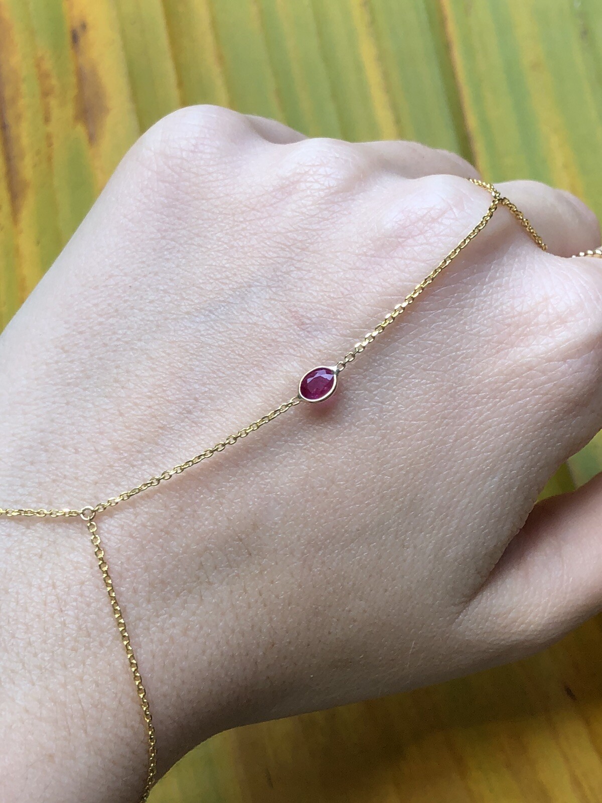 Stunning Oval Natural Ruby 14K Yellow Gold Hand Chain Slave Combo Ring Bracelet