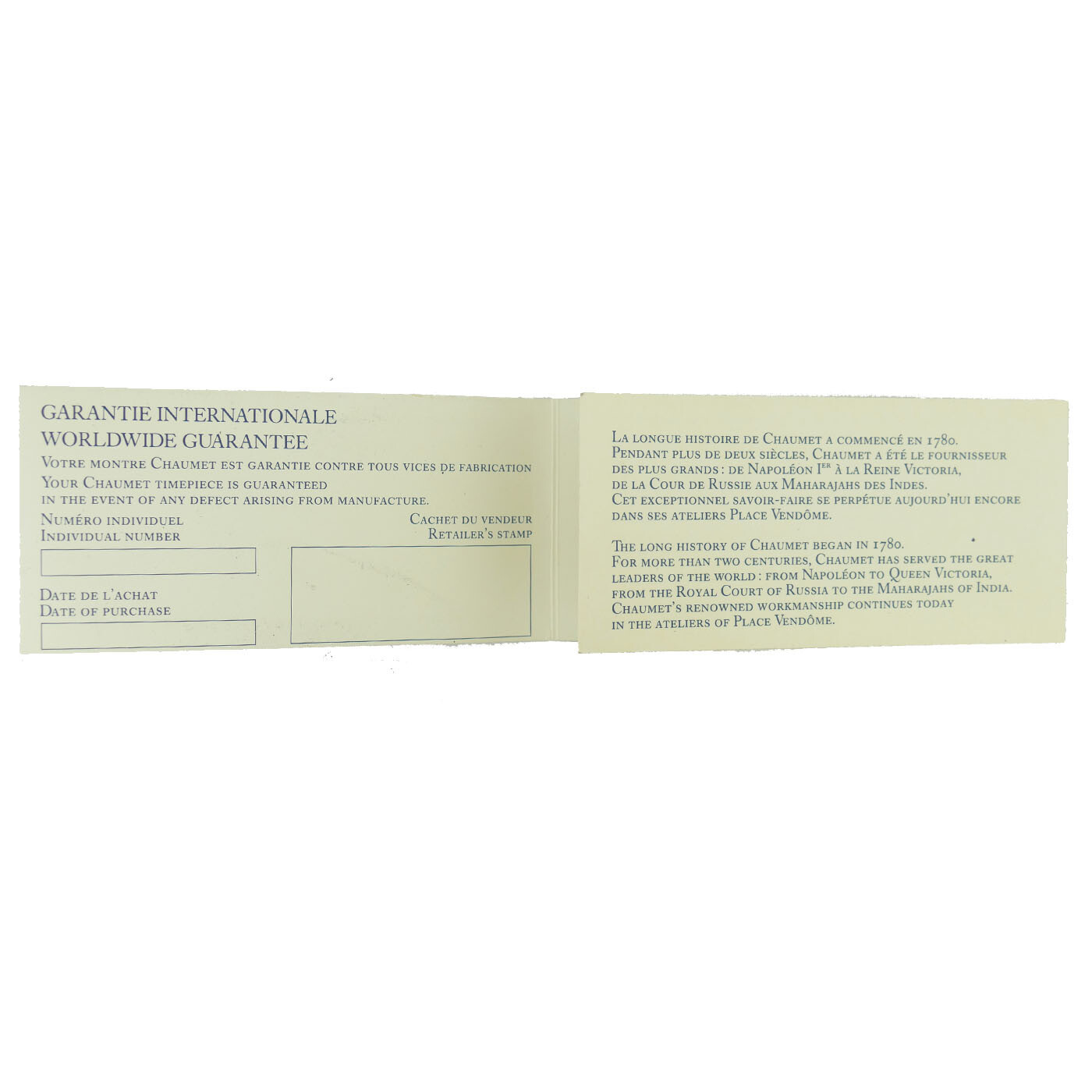 AUTHENTIC CHAUMET WORLDWIDE GUARANTEE – OPEN PAPERS