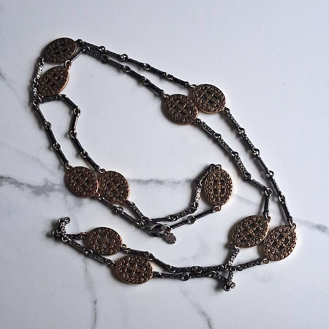 Silver Tone Layered Station Necklace, Oval Links Cable Chain, Lobster Clasp
