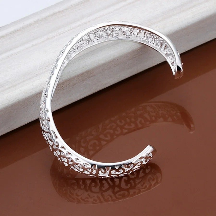 925 Sterling Silver Open Bangle Bracelet Women Round Charm Adjustable Jewelry