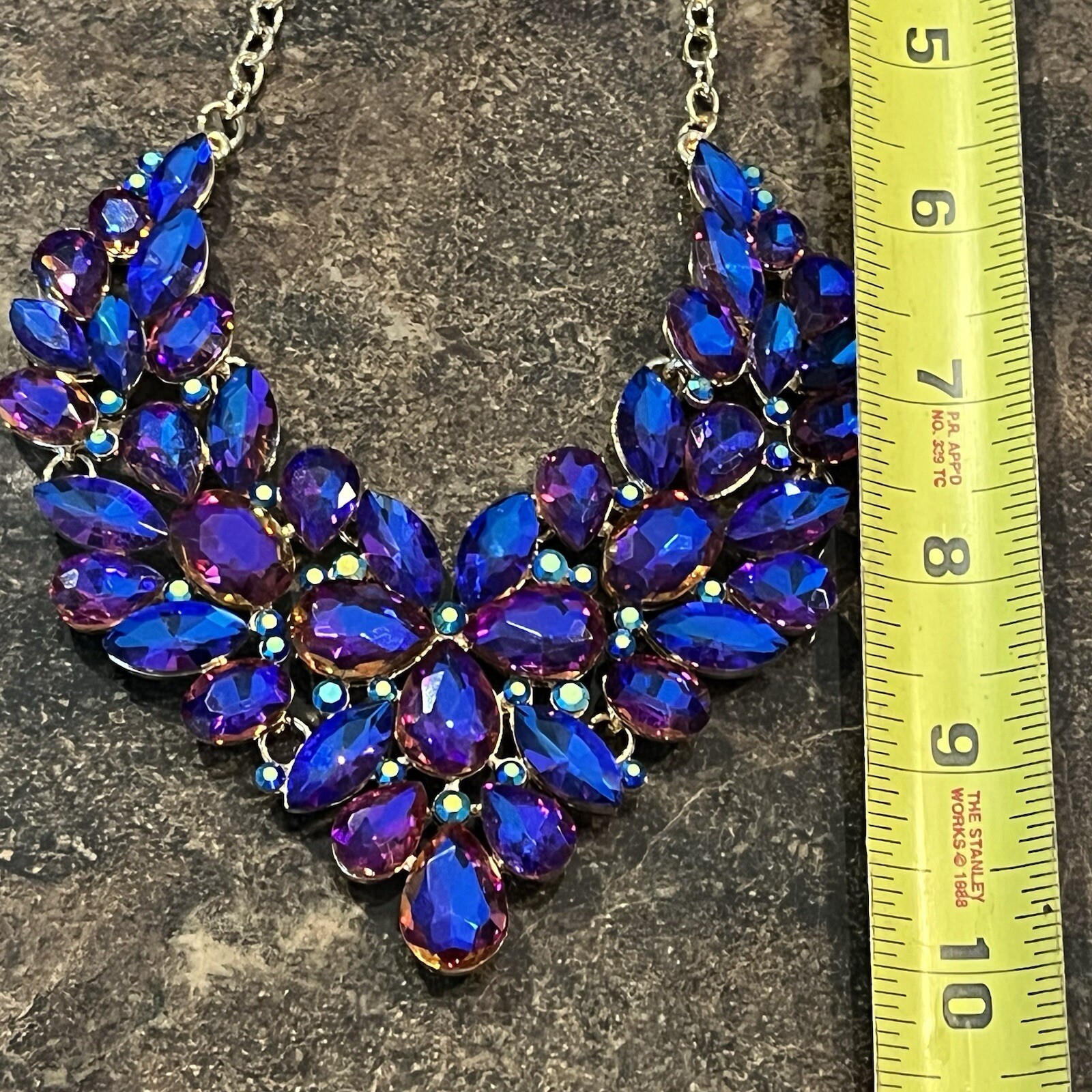 Necklace Iridescent Purple Blue Glass Rhinestone A/B 16” Foil Back STATEMENT