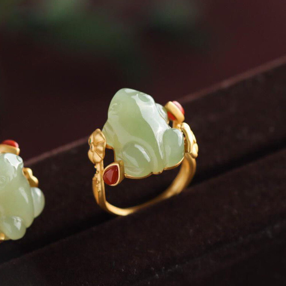 Green Jade Frog Rings Natural 925 Silver Women Adjustable Ring Jewelry Carved