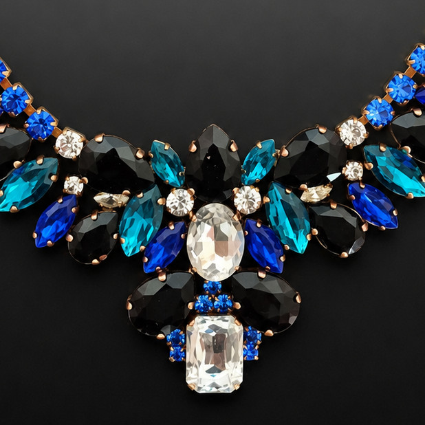 Czech Vintage Style Blue Black Bloom Statement Necklace – FREE SHIPPING