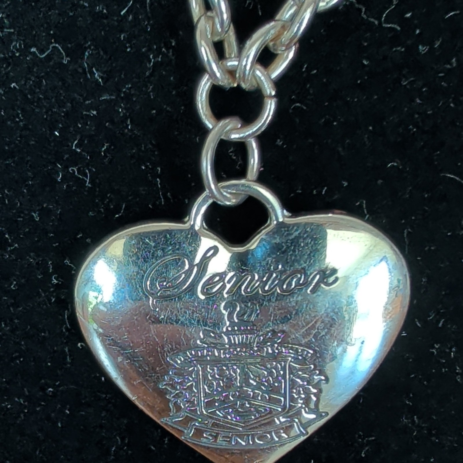 Silver Tone Engraved “Senior” Heart Charm Pendant Cable Chain Necklace