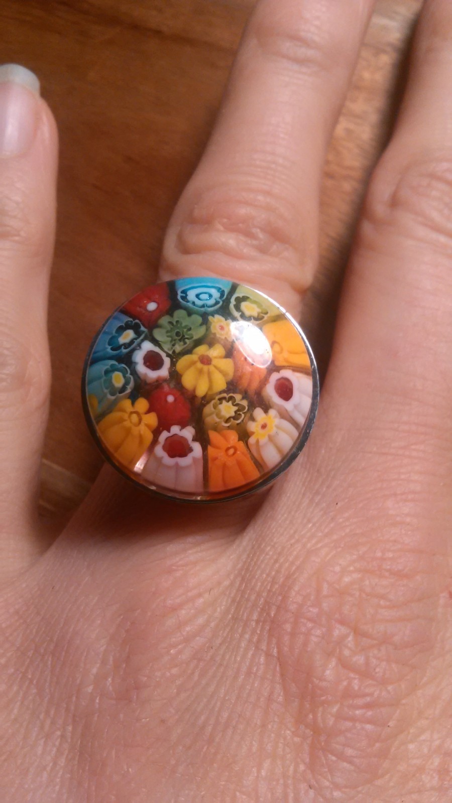 Multi Color Murano Style Glass Stainless Steel Ring (Size 7)